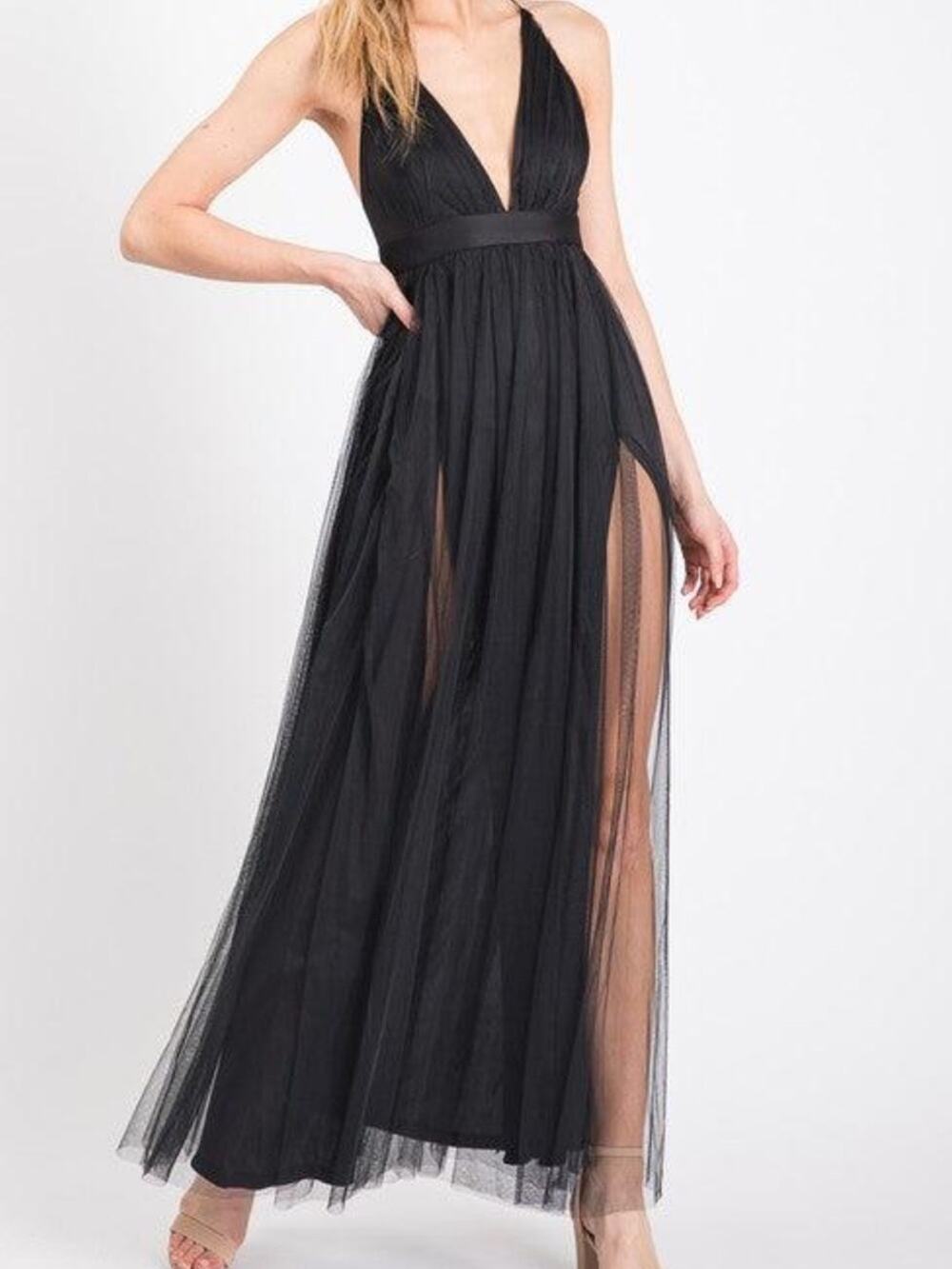 Floerns M Black Strapless-Look Tulle Evening Dress with Crossback Straps NWT